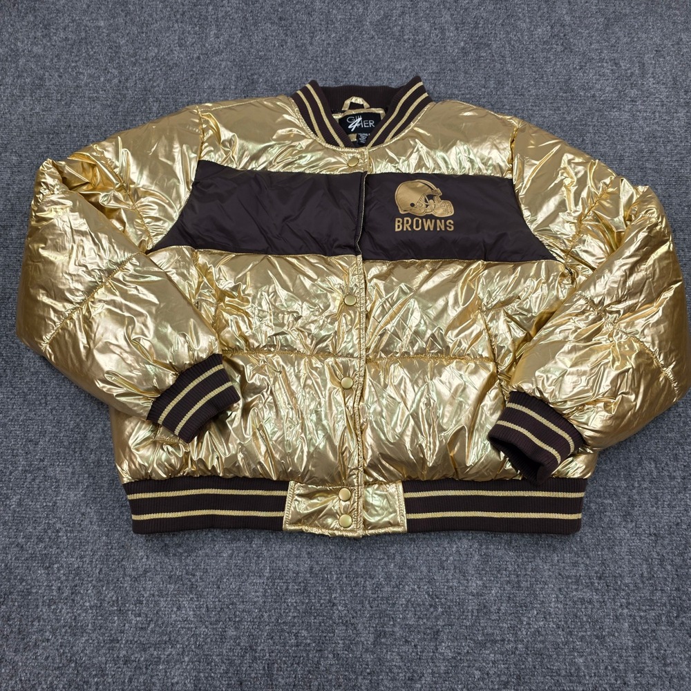 GIII Apparel Cleveland Browns Puffer‎ Bomber Jacket Metallic Gold Brown Women's